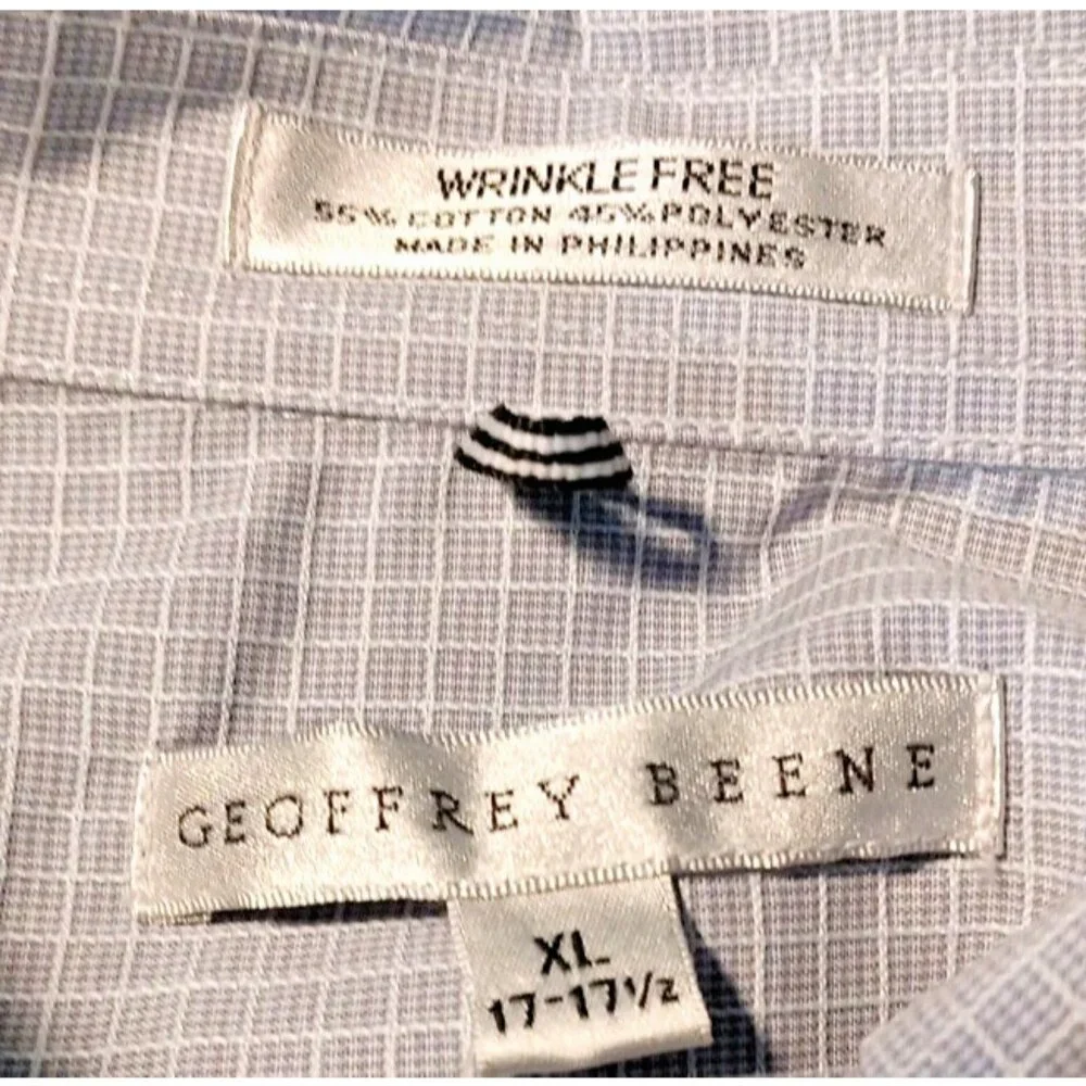 Geoffrey Beene Mens XL Wrinkle Free Blue With‎ White Squares Shirt Button Up